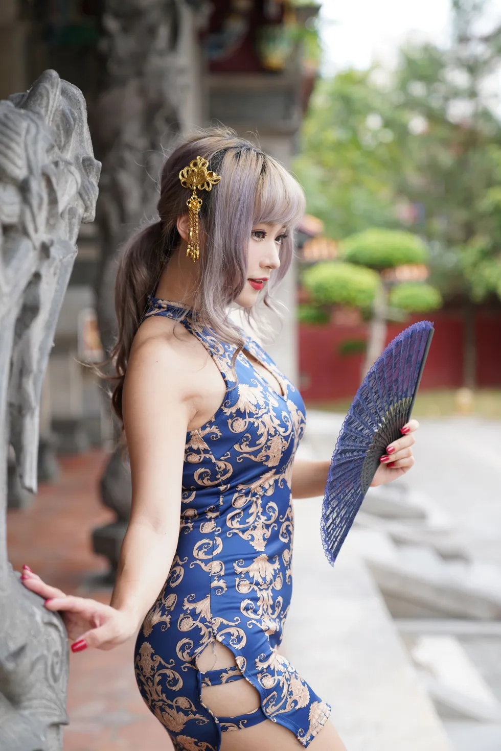 [Mzsock] NO.149 Xue Kaiyun blue flower short cheongsam with high heels and beautiful legs street photography#[105P]-6